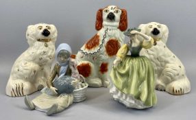 STAFFORDSHIRE DOGS & PORCELAIN FIGURINES GROUP - a single red and white seated spaniel, pair of