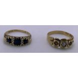 18CT GOLD DRESS RINGS (2) - a wide band example with central sapphire flanked by possibly rock