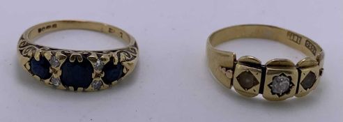 18CT GOLD DRESS RINGS (2) - a wide band example with central sapphire flanked by possibly rock