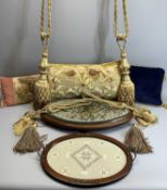 VICTORIAN MAHOGANY BEADWORK FOOT STOOL, embroidered panel tray and soft furnishing items including