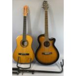 STAGG ACOUSTIC GUITAR & ONE OTHER along with a single guitar stand, interior label marked 'Stagg