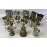 SILVER PLATED TROPHY CUPS, pewter tankards, other metalware and household goods