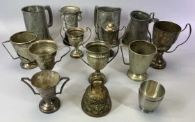 SILVER PLATED TROPHY CUPS, pewter tankards, other metalware and household goods