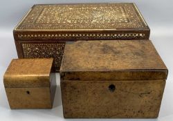 CONTINENTAL BONE INLAID JEWELLERY/STATIONERY BOX and two lidded walnut veneered boxes, the jewellery