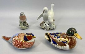 ROYAL CROWN DERBY BIRD PAPERWEIGHTS and two Royal Copenhagen bird ornaments, the paperweights