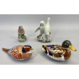 ROYAL CROWN DERBY BIRD PAPERWEIGHTS and two Royal Copenhagen bird ornaments, the paperweights