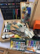 ARTIST'S EQUIPMENT & MATERIALS - to include a folding easel, folding table easel, paints, brushes,
