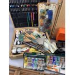 ARTIST'S EQUIPMENT & MATERIALS - to include a folding easel, folding table easel, paints, brushes,
