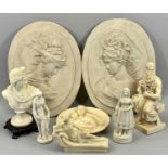 OVAL RELIEF MARBLE EFFECT PLAQUES (2) and a quantity of classically styled figural ornaments ETC, in