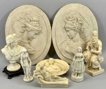 OVAL RELIEF MARBLE EFFECT PLAQUES (2) and a quantity of classically styled figural ornaments ETC, in