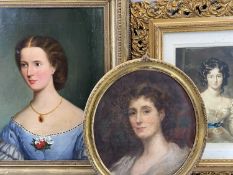 19TH CENTURY LADY IN A BLUE DRESS oil on canvas - further gilt framed portrait of a lady, gouache on