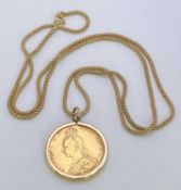 QUEEN VICTORIA OLD HEAD GOLD FULL SOVEREIGN 1891 - in a 9ct gold pendant mount on a 9ct box link