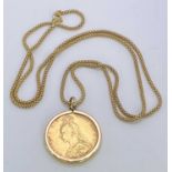 QUEEN VICTORIA OLD HEAD GOLD FULL SOVEREIGN 1891 - in a 9ct gold pendant mount on a 9ct box link