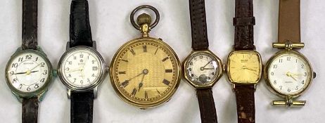 18CT GOLD FOB WATCH, 9ct gold cased lady's wristwatch and others, the fob watch with gilt dial set