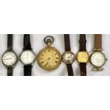 18CT GOLD FOB WATCH, 9ct gold cased lady's wristwatch and others, the fob watch with gilt dial set