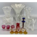 HEAVY QUALITY VASES & OTHER GLASSWARE, including cranberry, 32cms H the tallest