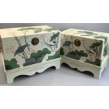 JAPANESE PAINTED LACQUERWORK TYPE LIDDED CHESTS ON STANDS (2) - 44cms H, 58cms W, 38cms D and
