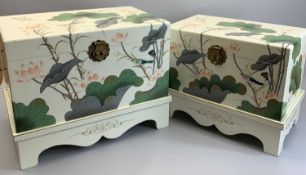 JAPANESE PAINTED LACQUERWORK TYPE LIDDED CHESTS ON STANDS (2) - 44cms H, 58cms W, 38cms D and