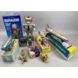 PLANES, ZEPPELINS, ROCKETS & ROBOTS TIN PLATE TOYS - to include a battery operated Space Walk man