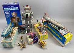 PLANES, ZEPPELINS, ROCKETS & ROBOTS TIN PLATE TOYS - to include a battery operated Space Walk man