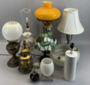 ORNAMENTAL TABLE LAMPS - an assortment, Tiffany style, converted oil lamps, also, a vintage