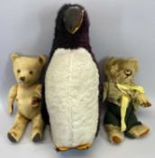 VINTAGE TEDDY BEARS (2) and a stuffed toy penguin, both bears appear in well playworn condition,