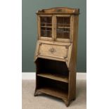 VINTAGE SLIMLINE OAK BUREAU BOOKCASE with railback top over twin leaded glazed doors and interior