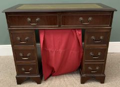 REPRODUCTION MAHOGANY TWIN PEDESTAL DESK having a gilt tooled green leather insert to the top,