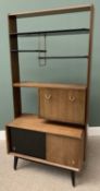 STYLISH MID-CENTURY TEAK ROOM DIVIDER with adjustable black shelving over a drop down bureau, the
