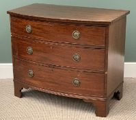 19th CENTURY MAHOGANY BOW FRONT CHEST of three drawers having ring pull handles, on corner bracket