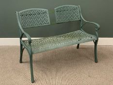 GREEN PAINTED METAL TWO SEATER GARDEN BENCH, 88cms H, 116cms W, 64cms D