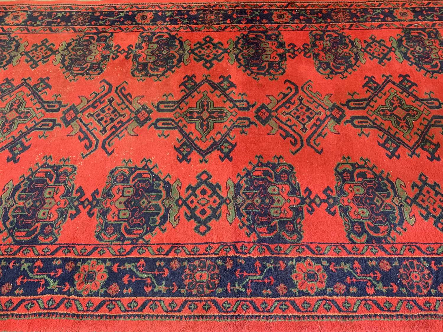 EASTERN STYLE WOOLLEN RUG, red and blue ground with repeating central pattern, 370 x 202cms - Image 2 of 3