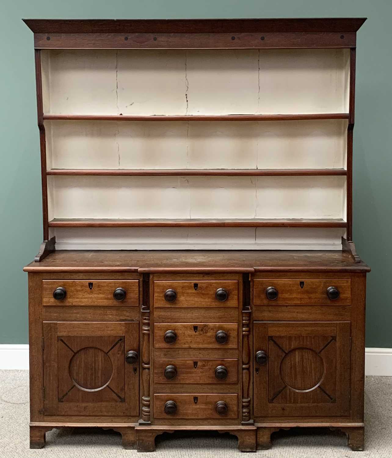 CIRCA 1850 ANGLESEY FARMHOUSE BREAKFRONT DRESSER, oak and mahogany with diamond and dot inlaid - Image 2 of 5