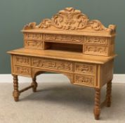 QUALITY REPRODUCTION CARVED OAK SIDEBOARD having leaf and feather detail to the back rail, over an