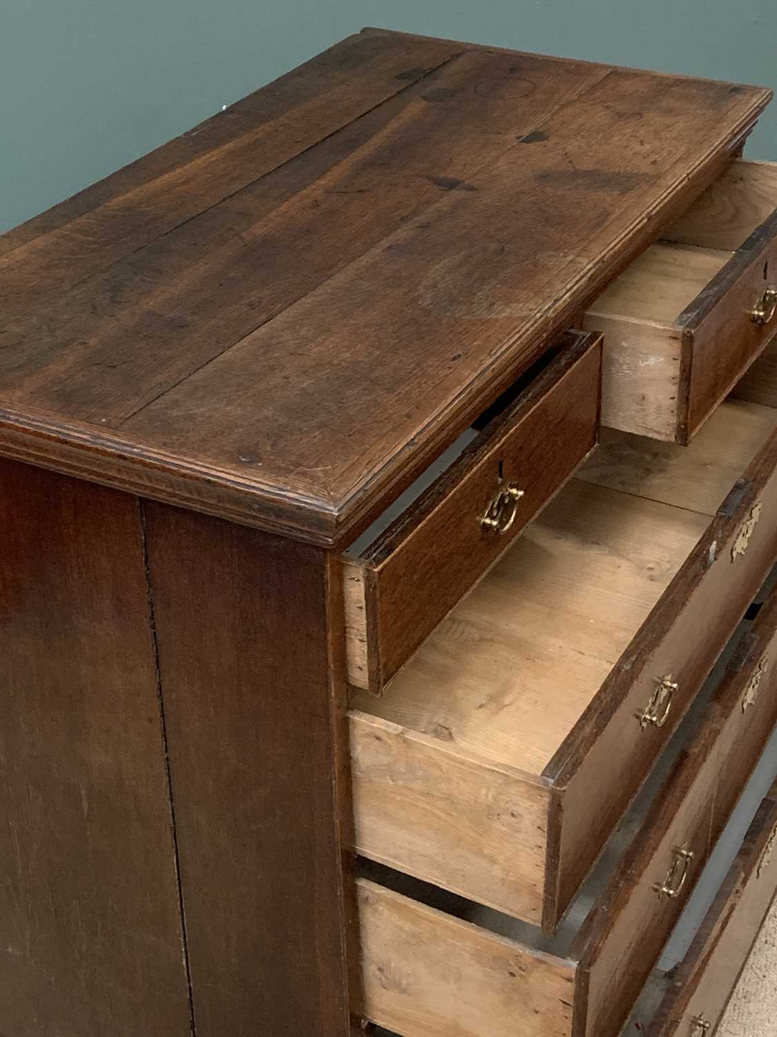 ANTIQUE OAK CHEST of two over three long drawers having brass swing handles and escutcheons, on - Image 2 of 3
