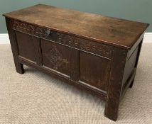 ANTIQUE OAK COFFER having a twin plank top with cleated ends, iron lock and hinges with a front