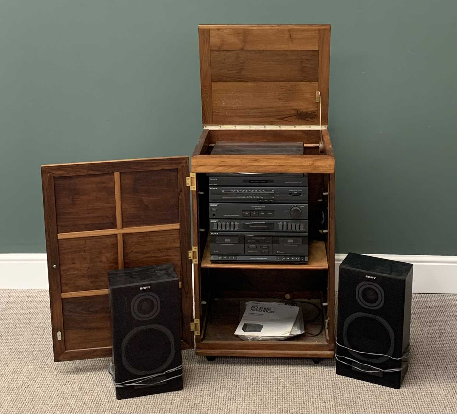 SONY STACK HIFI SYSTEM WITH SPEAKERS in a vintage type oak single door cabinet, 81cms H, 51cms W,