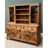 ROBERT "MOUSEMAN" THOMPSON (KILBURN) ADZED OAK 6ft DISPLAY SIDEBOARD having carved detail to the top