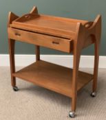 STYLISH HARDWOOD SERVING TROLLEY having shaped ends, lift-off tray to the top, single fabric lined