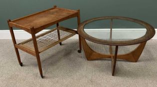 PROBABLY G-PLAN TEAK CIRCULAR GLASS TOPPED COFFEE TABLE, 46cms H, 84cms diameter and a similar era