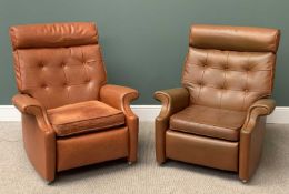 TWO PARKER KNOLL RECLINING ARMCHAIRS in tan leather effect button back upholstery, 102cms H, 88cms