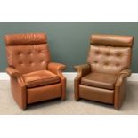 TWO PARKER KNOLL RECLINING ARMCHAIRS in tan leather effect button back upholstery, 102cms H, 88cms