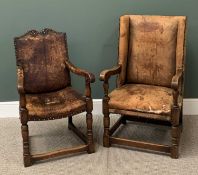 VINTAGE OAK LEATHER & BUTTON STUDDED ARMCHAIRS (2) to include a wingback example, 107cms H, 63cms W,