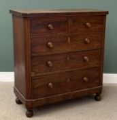 VICTORIAN MAHOGANY CHEST of two short over three long drawers, having turned wooden knobs, on bun