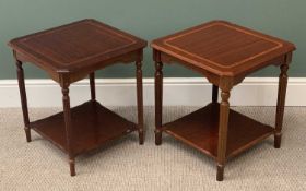 REPRODUCTION INLAID MAHOGANY TWO TIER OCCASIONAL TABLES (2) on turned and reeded supports, 56cms