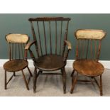 THREE VINTAGE HIGHBACK CHAIRS to include a circular seat stick back armchair on turned supports,