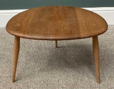 ERCOL LIGHT ELM SINGLE PEBBLE SHAPED THREE LEGGED TABLE, 36cms H, 49.5cms W, 34cms D