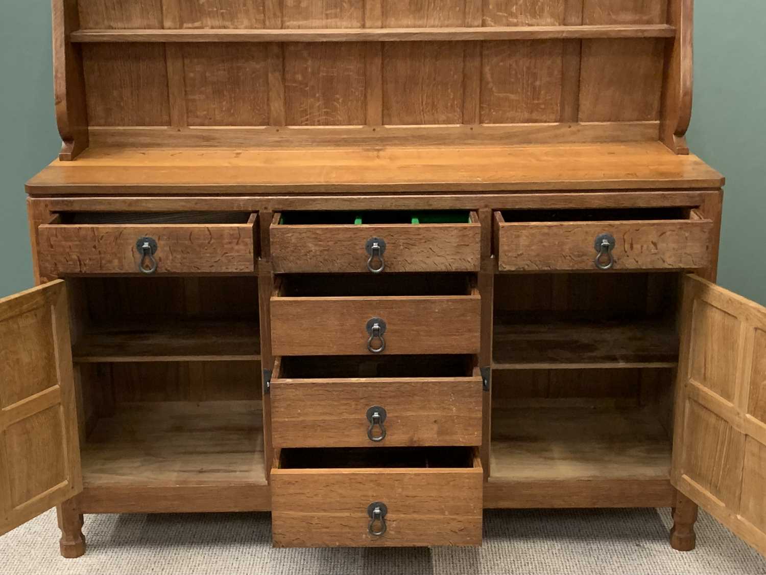 ROBERT "MOUSEMAN" THOMPSON (KILBURN) ADZED OAK 5ft DRESSER having a three shelf rack with carved - Image 2 of 6