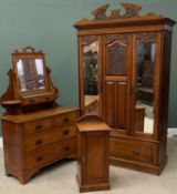 CIRCA 1900 THREE PIECE MAHOGANY BEDROOM SUITE comprising double mirrored wardrobe with carved detail