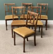 OAK DINING ROOM CHAIRS, a set of six with open splatbacks and upholstered seats, 88cms H, 48cms W,